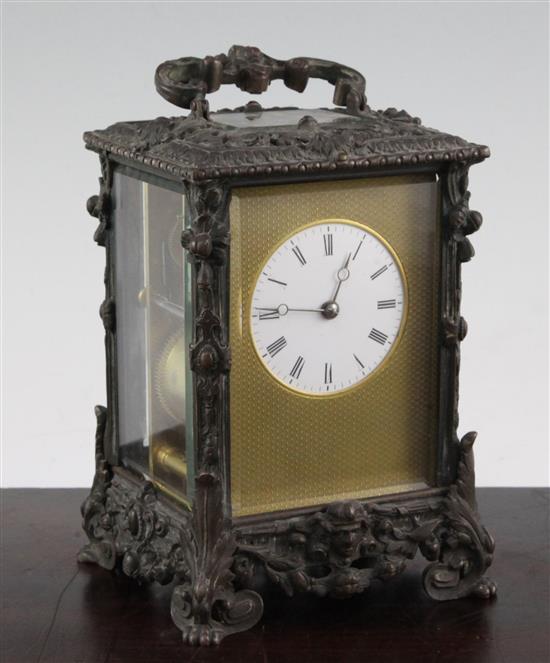 A late 19th century bronze carriage clock, 6in.
